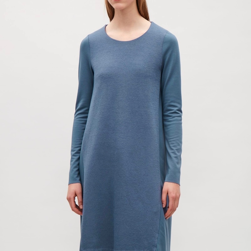 COS Chic Long Sleeve Stretch Knit Top w/ Wool Front – Steel Blue, Size Small